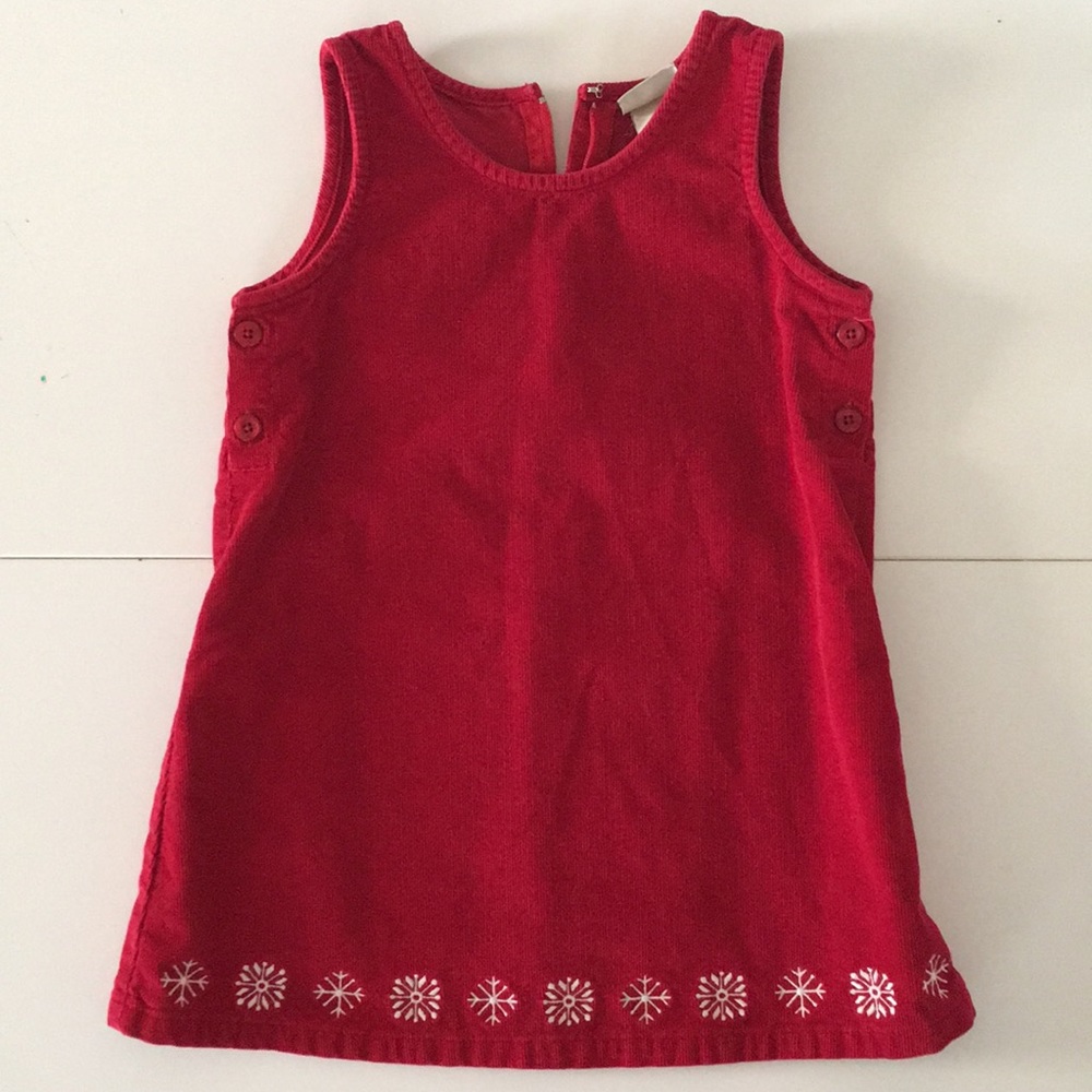 L.L.Bean Red Corduroy Jumper Dress With Snowflakes